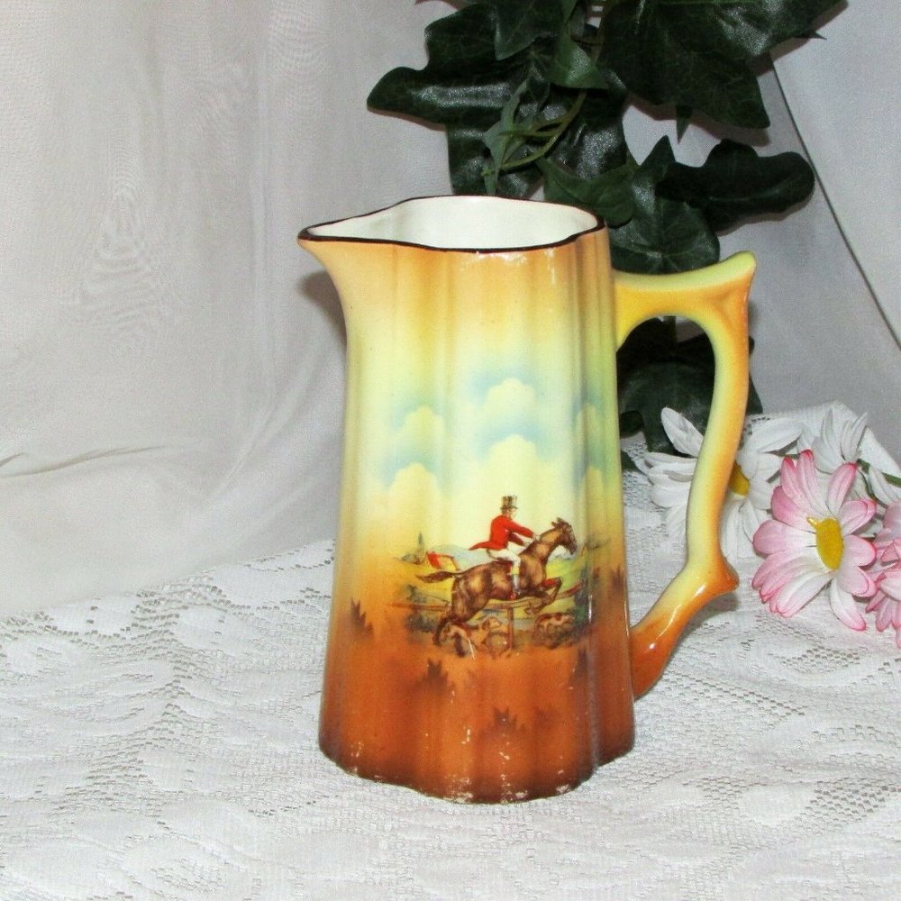 Antique Water Pitcher Fox Hunting Scenes CZECHOSLOVAKIA Vintage Home Decor